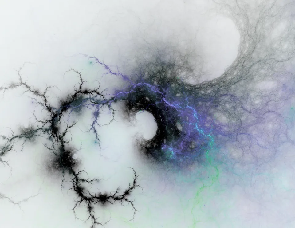 Fine black branches curl around two pale openings, with blue and violet threads spreading to the right.