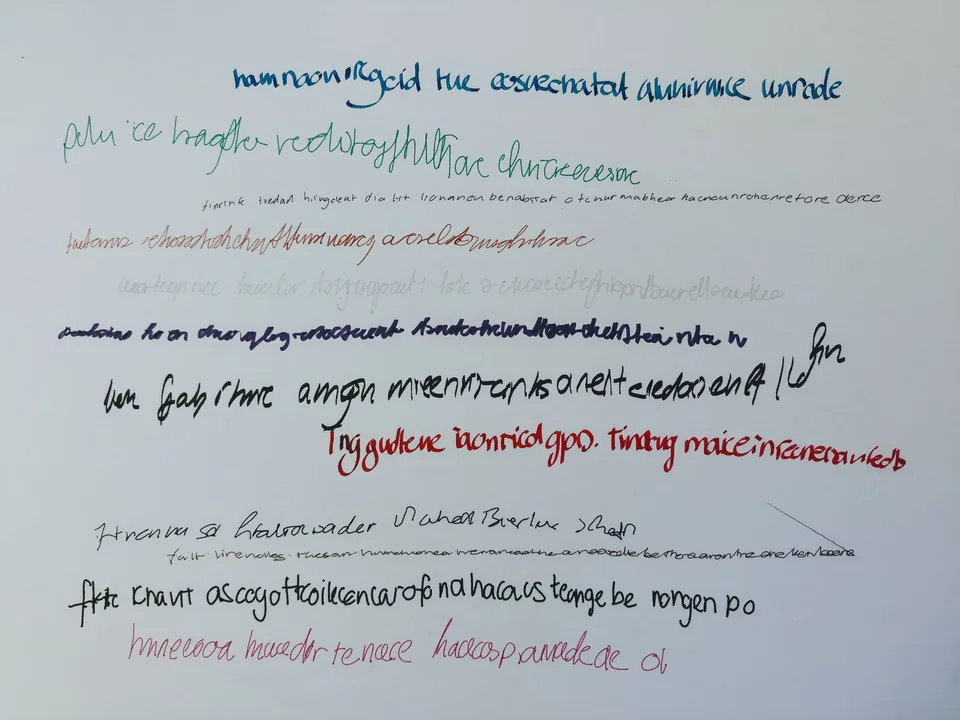 Rows of generated handwriting in varied colors, sizes, and styles cover a sheet of white paper.