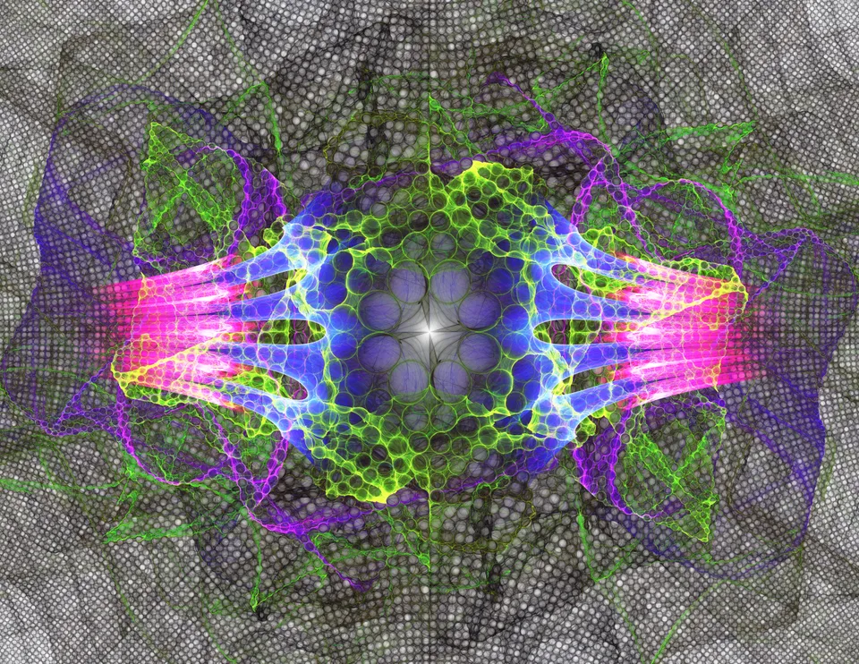 A green and purple central oval is flanked by bright pink and blue bands over a dense gray mesh.