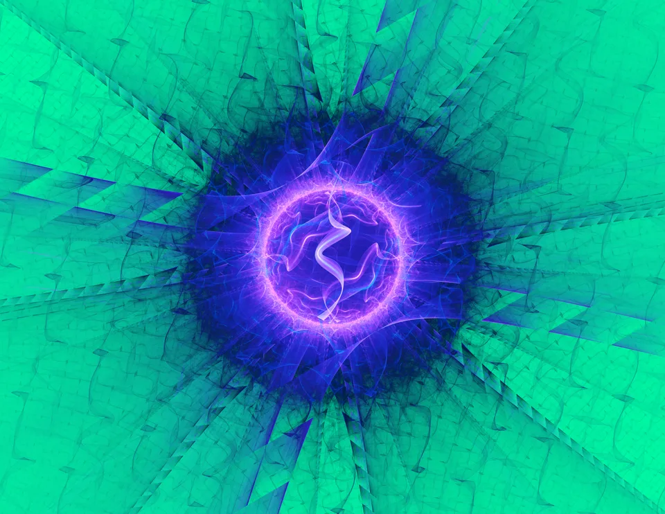A bright violet ring glows within a deep blue center surrounded by angular turquoise and green forms.