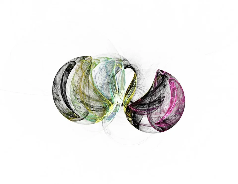 Two broad translucent curved forms contain fine black, green, yellow, and magenta lines on white.