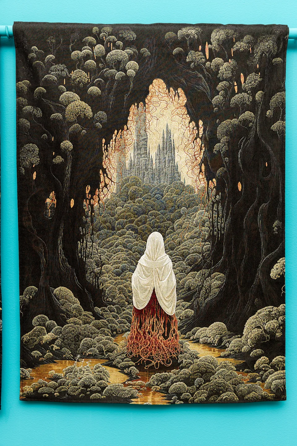 The right tapestry depicts a white-cloaked figure facing a luminous opening in a dark forest.