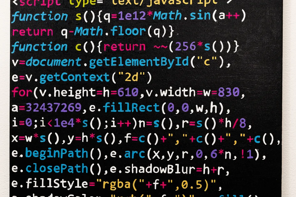 Close-up of colorful painted computer code on a black ground.