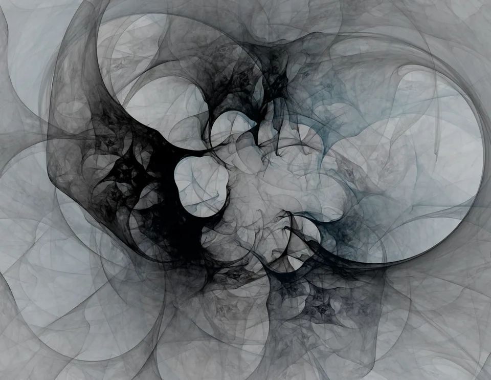 Overlapping black and gray loops form an asymmetrical tangle around several pale circular openings.