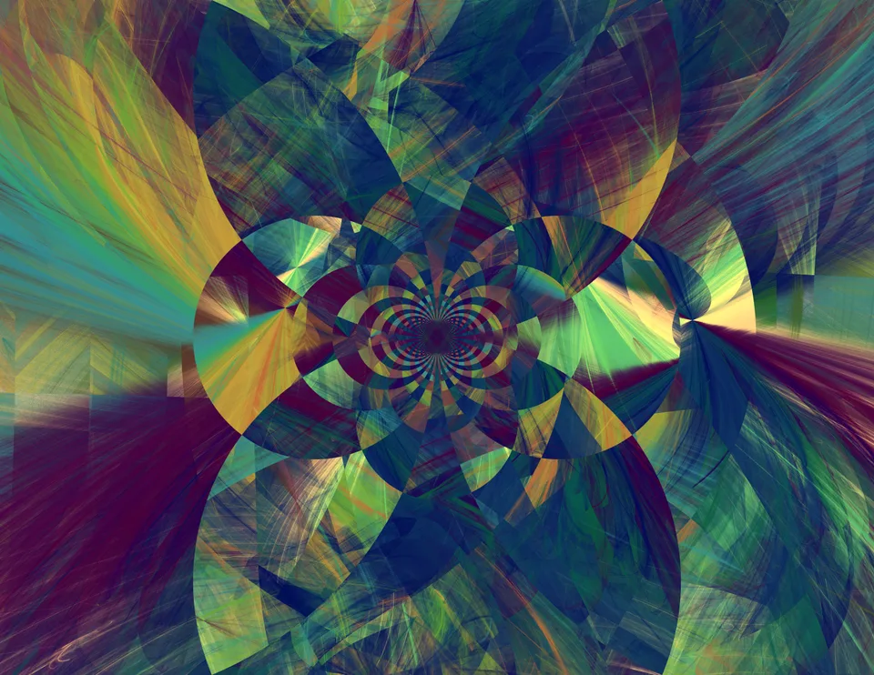Angular bands of blue, green, yellow and purple spiral around a tightly patterned circular center.
