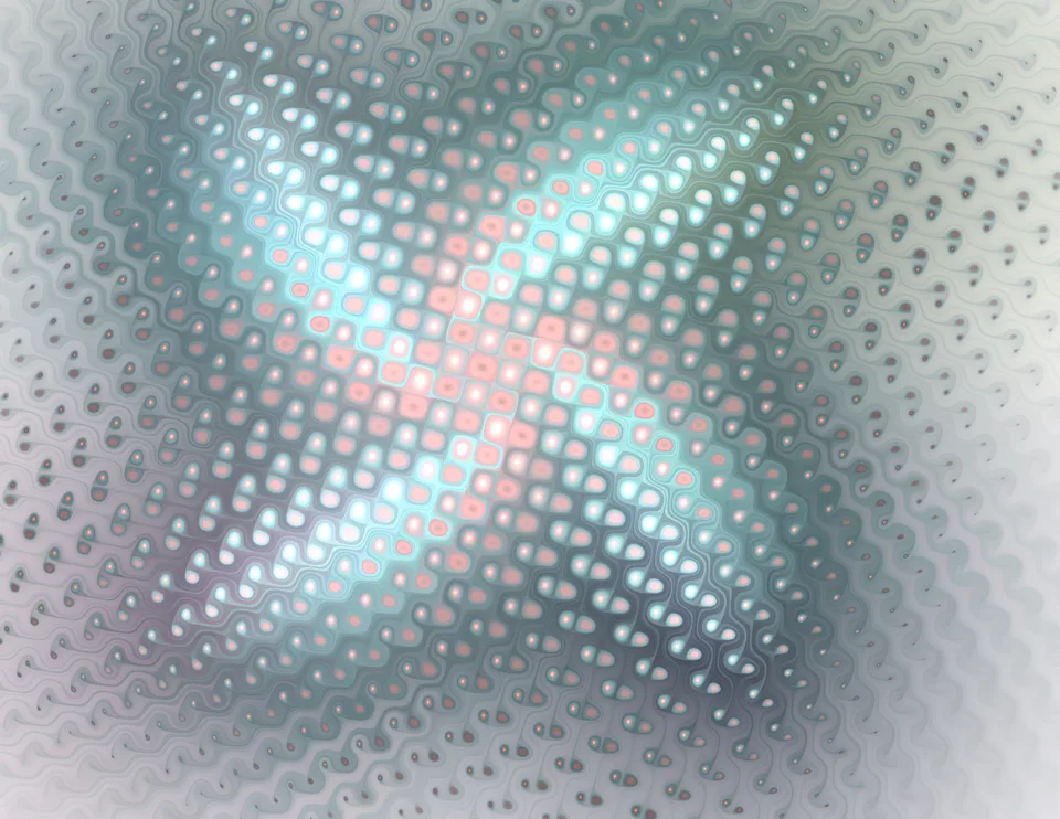Rows of small pale loops form a glowing cyan and pink cross against a soft gray background.