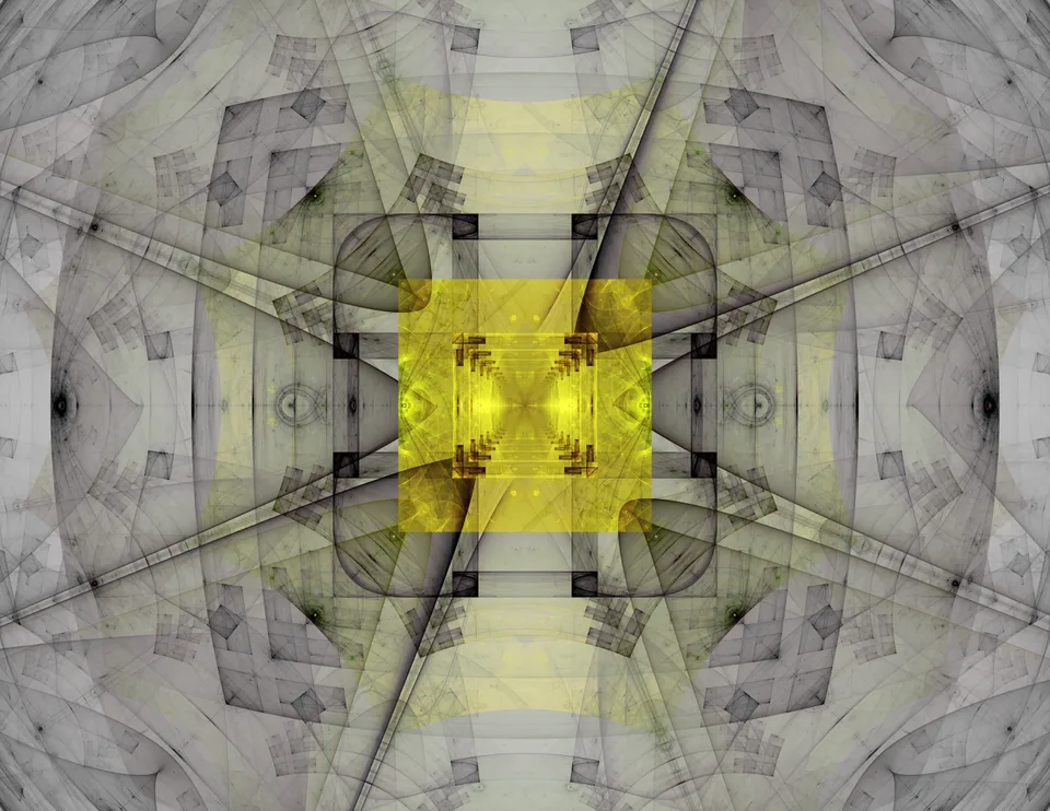 A yellow central square is surrounded by translucent gray rectangles and dark diagonal lines.