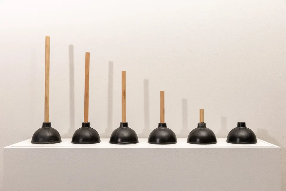 Six black plungers with progressively shorter wooden handles stand in a row on a white plinth.