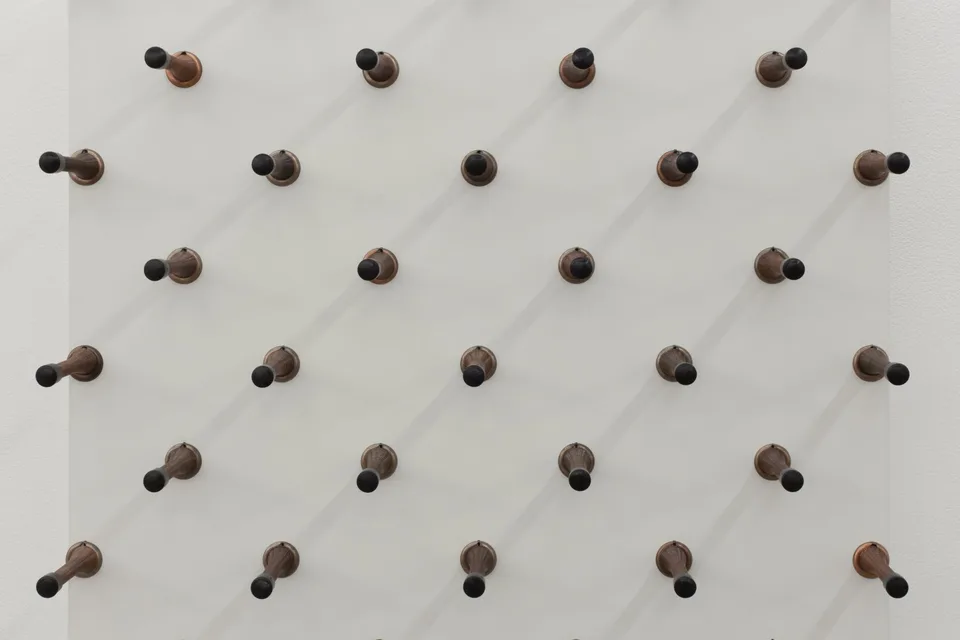 Spring door stops and their shadows on a white panel