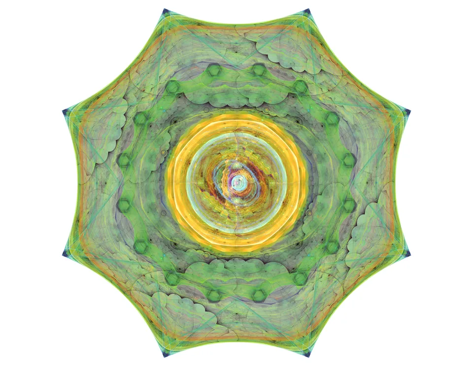 A green circular form with a scalloped edge surrounds concentric gold and yellow rings on white.