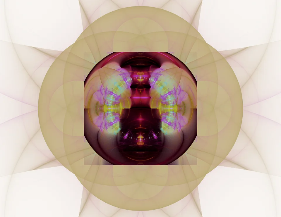 Mirrored pink and yellow clusters sit inside a dark rounded square surrounded by broad translucent gold rings.