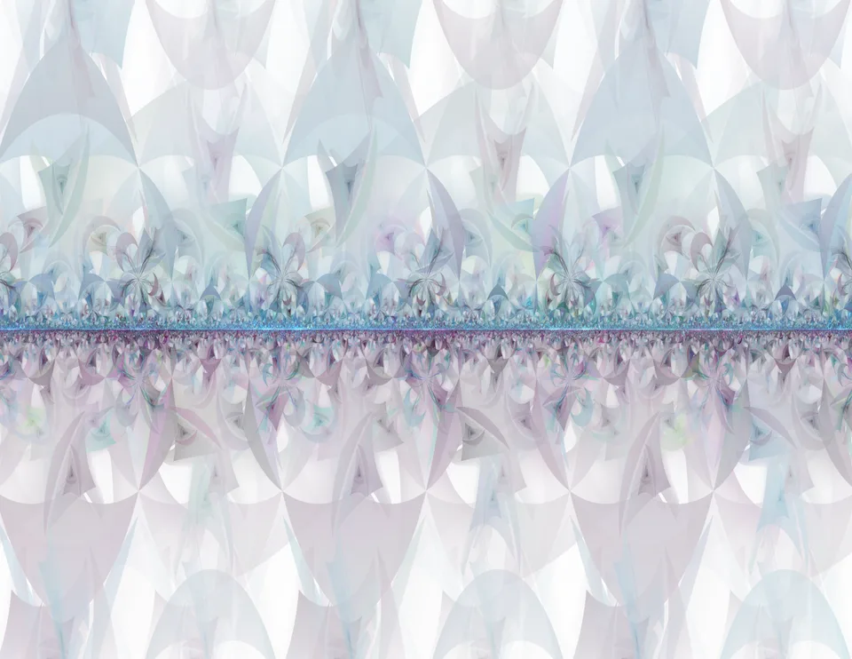 Pale blue, gray and pink pointed shapes repeat above and below a thin, detailed horizontal line.