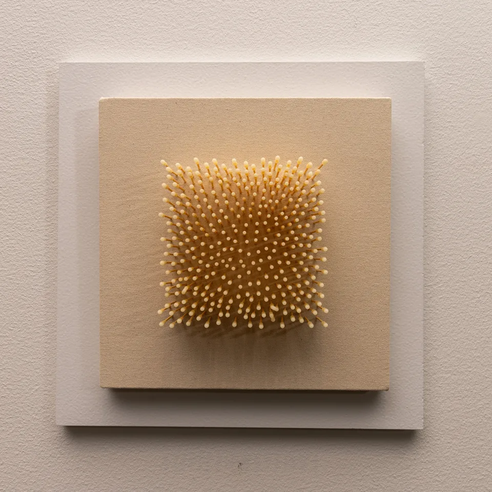 Front view of a dense circular field of yellow-headed pins extending from a small square canvas.