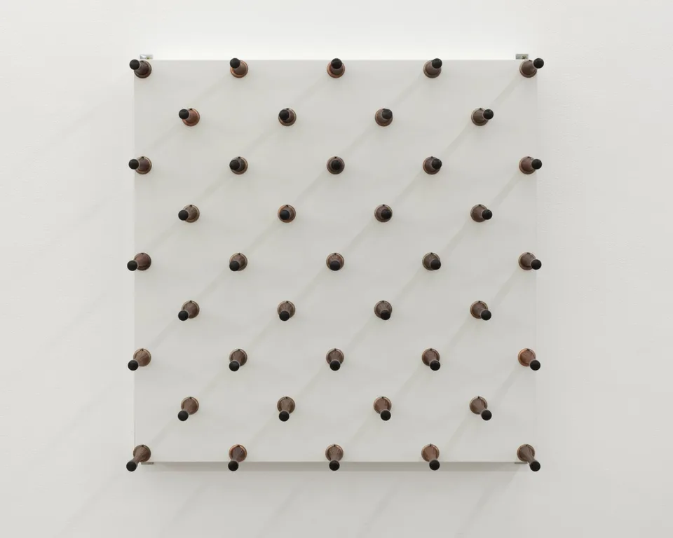 Front view of spring door stops projecting from a square panel
