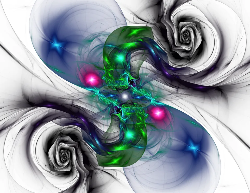 Green and blue looping forms with pink and blue points of light sit between two black-and-white spirals.