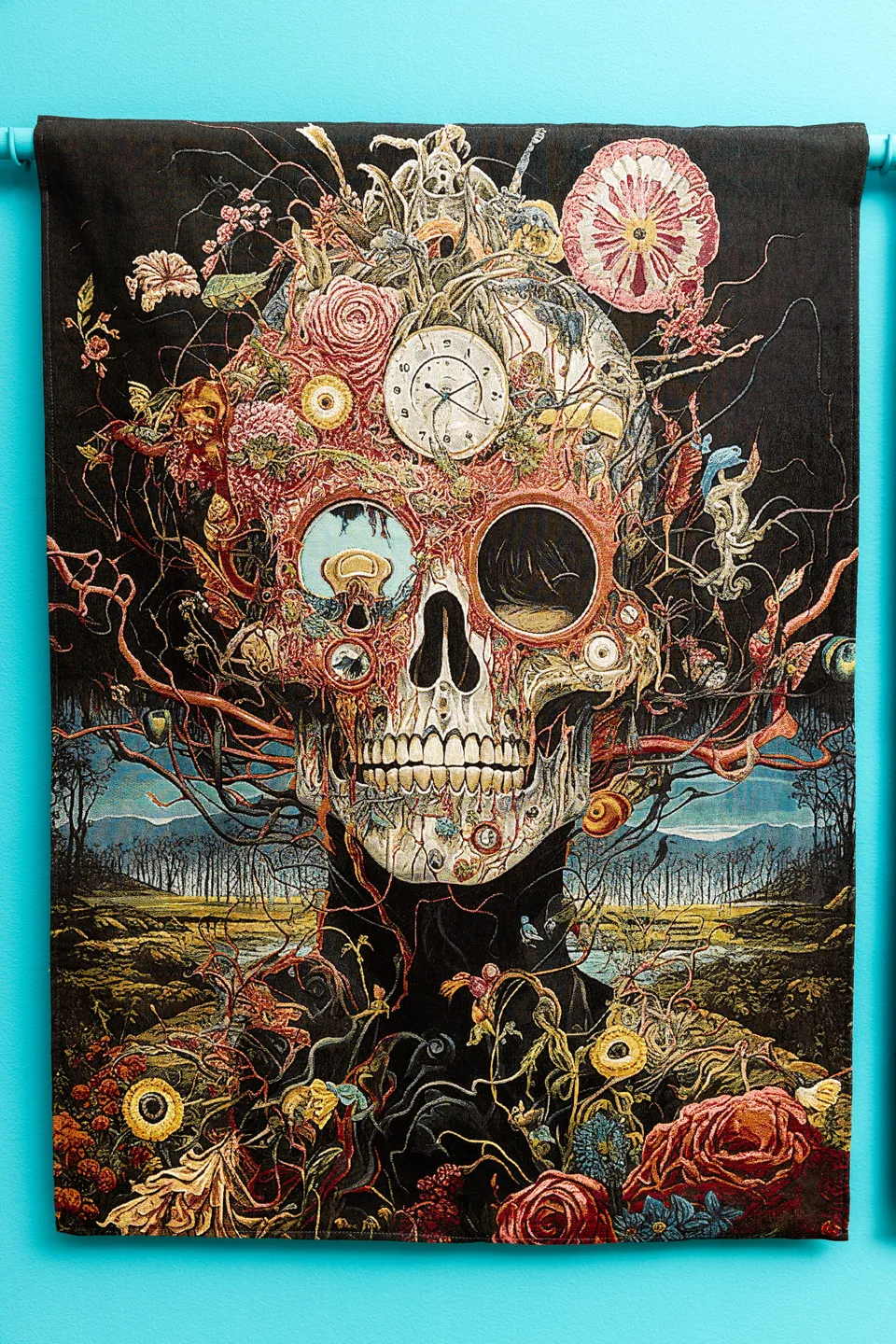The left tapestry depicts an ornate skull interwoven with plants, clocks and mechanical forms.