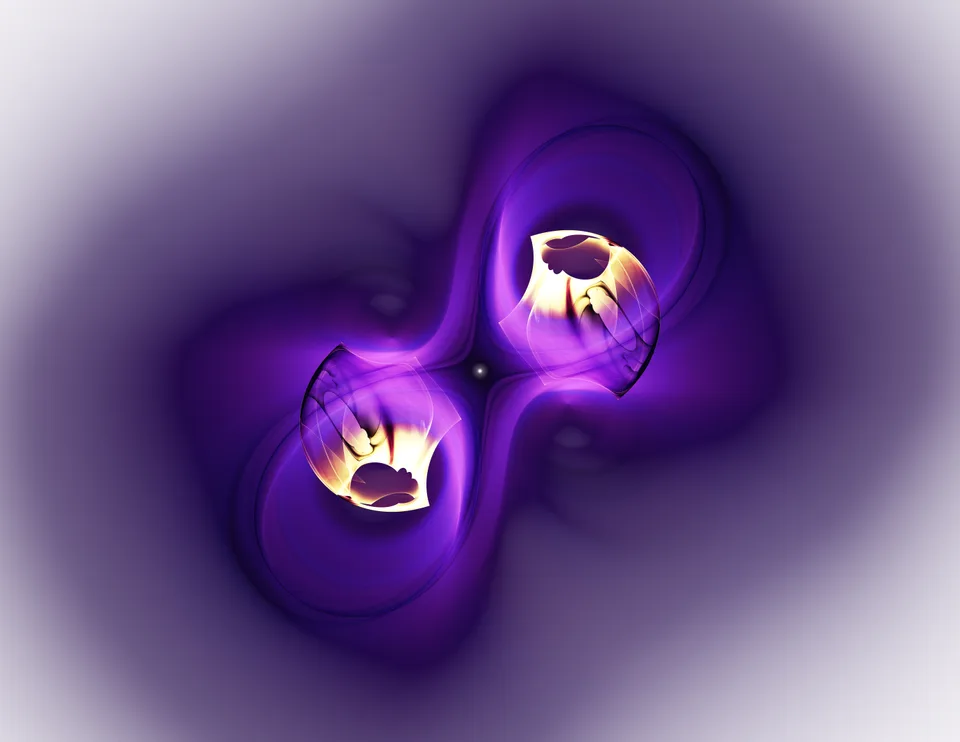 Two glowing cream and yellow centers sit inside connected violet loops on a soft purple background.