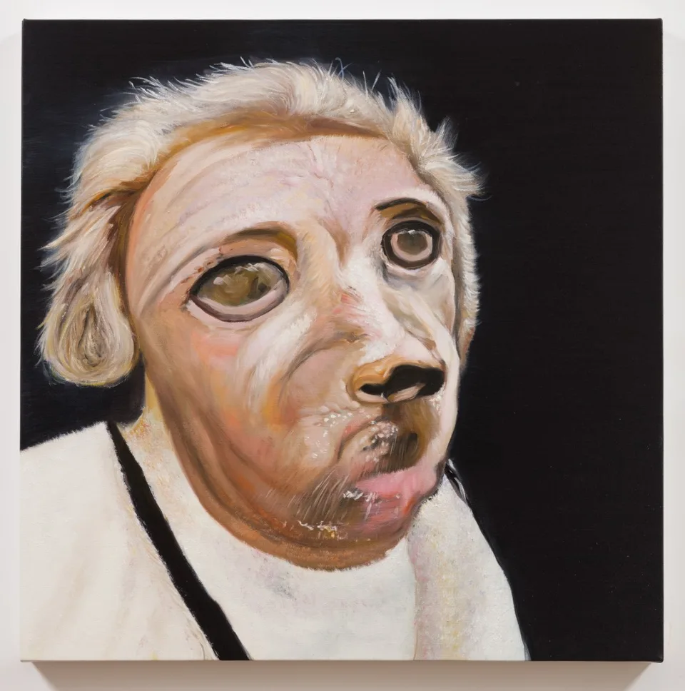 An oil painting of a pale, animal-like face with long hair, dark eyes and a dark nose.