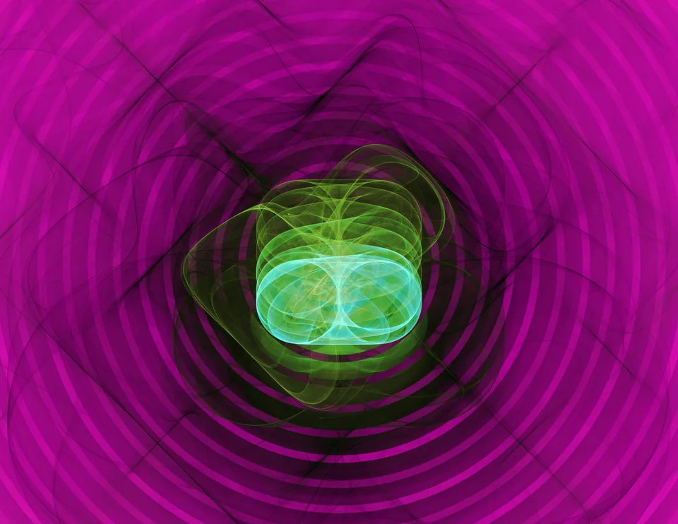 Overlapping turquoise and green loops sit within dark concentric rings on a vivid magenta field.