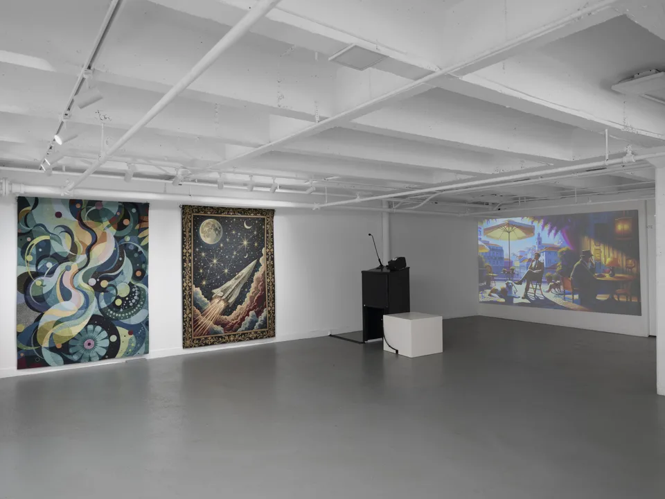 Two large tapestries face a black microphone podium and a colorful projection across the white basement gallery.