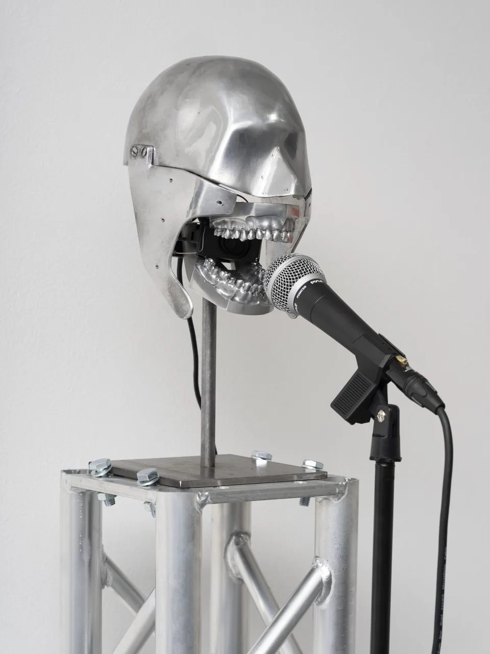 A polished metal dental phantom with exposed teeth faces a microphone above a silver truss.