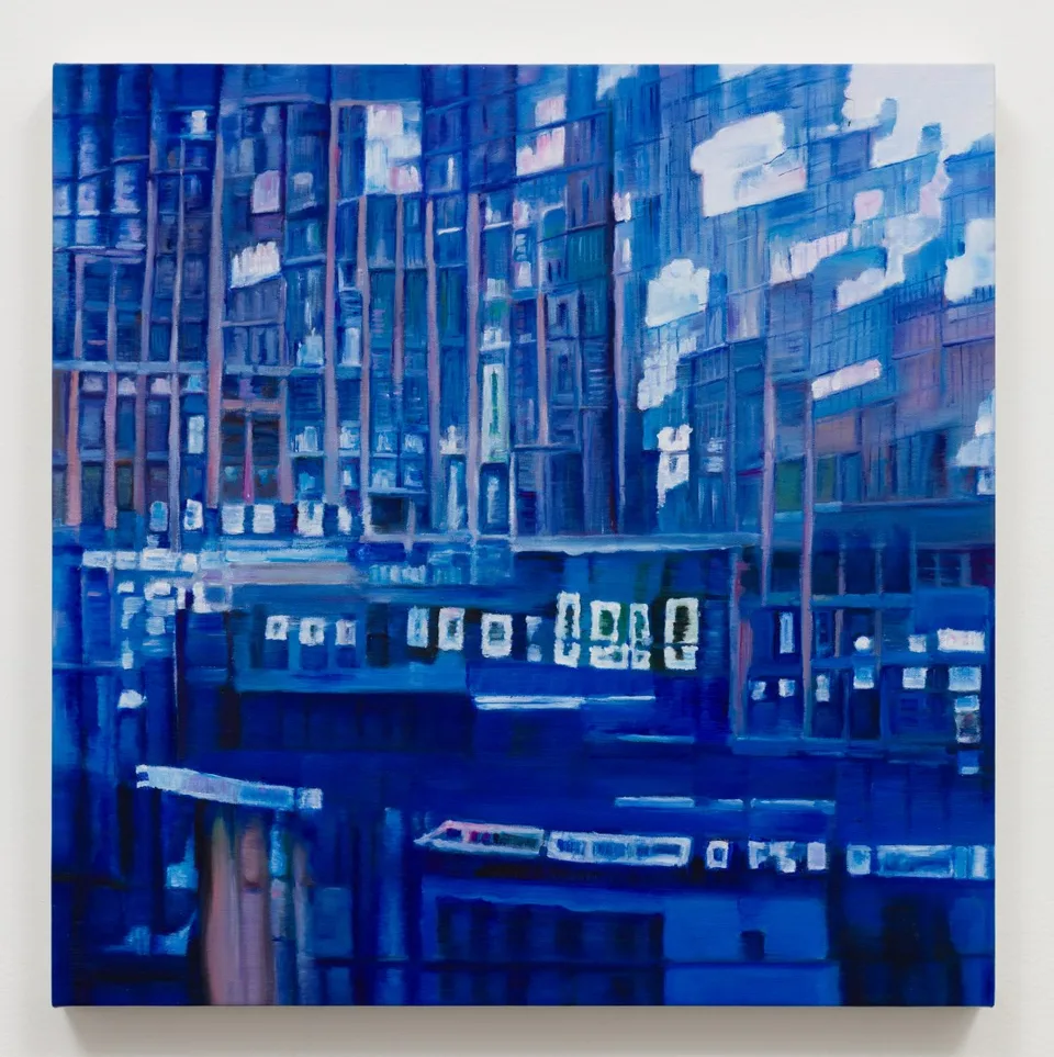 A square blue oil painting of overlapping window-like grids and distorted architectural shapes.
