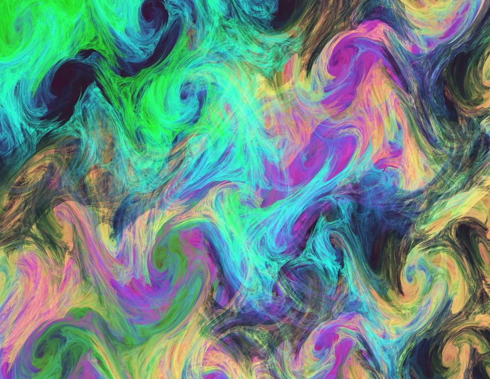 Bright green, turquoise, pink, and yellow strands curl into layered swirls across a dark field.