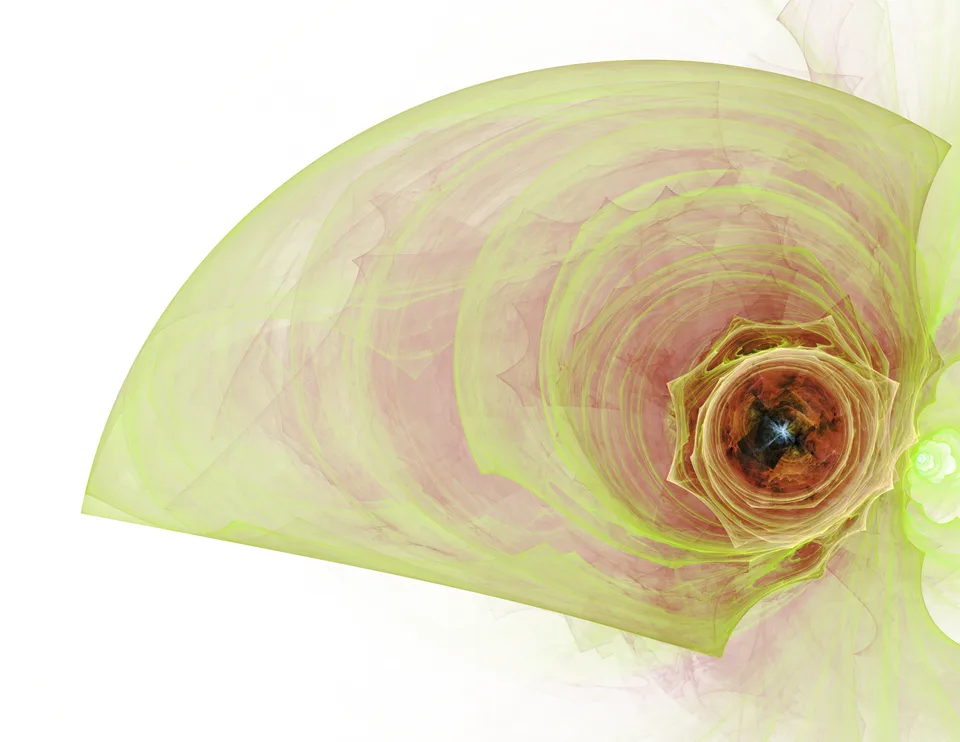 A broad pale yellow fan of curved lines narrows toward a small dark orange circular center at the right.