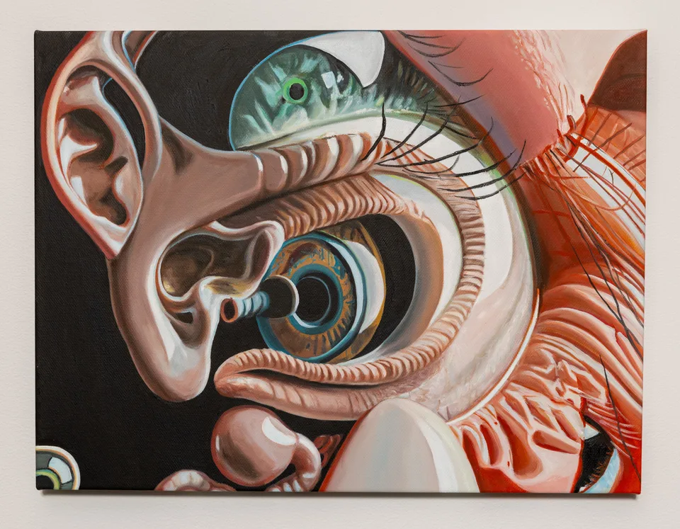 Full view of a surreal painting of enlarged eyes, ears, and intertwined organic forms.