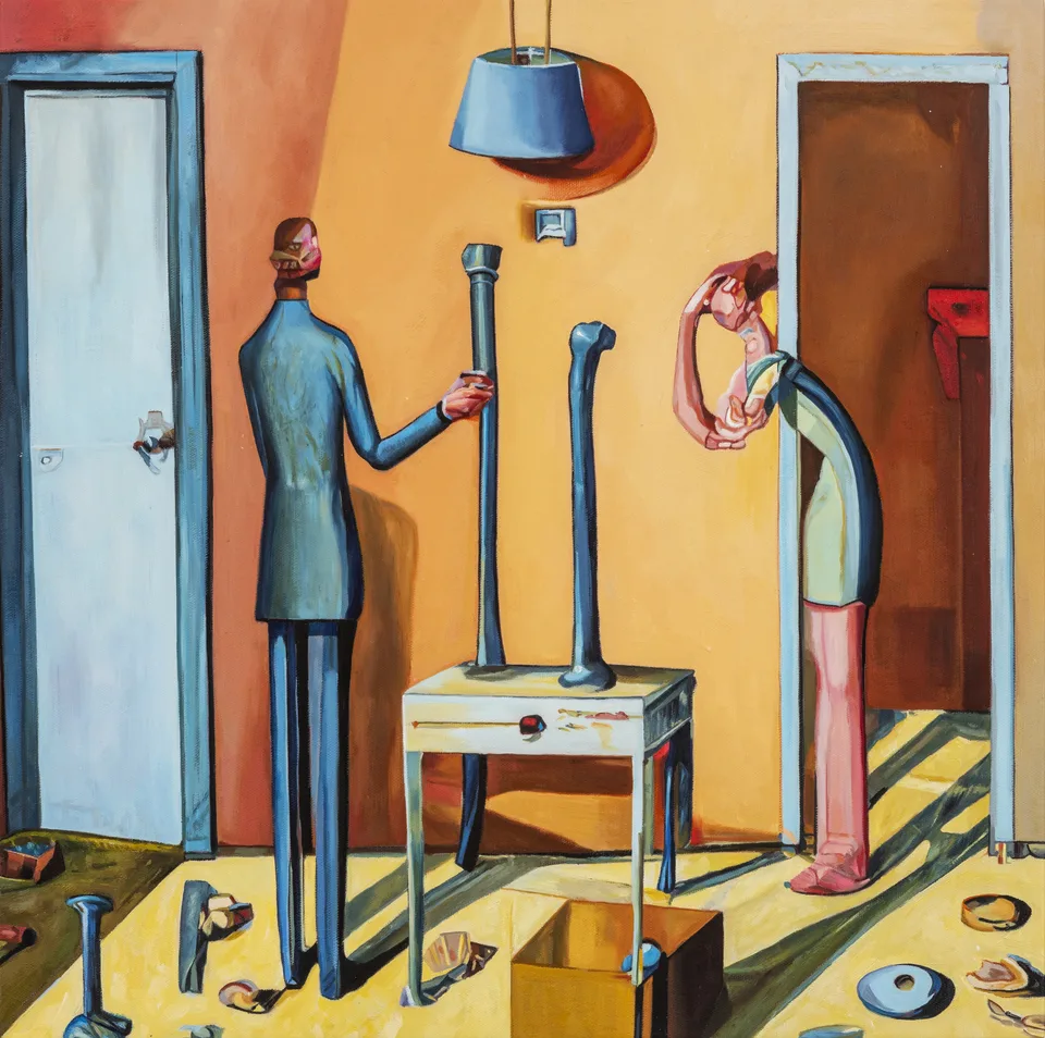 Two elongated figures stand across a small table in a yellow room with blue doorways and scattered furniture parts.