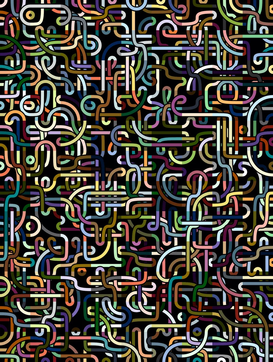 Interlacing multicolored lines turn and loop across a black field.