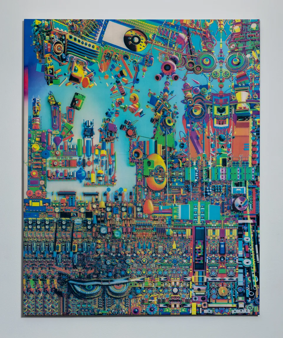 Full view of a tall turquoise painting densely filled with colorful mechanical forms.