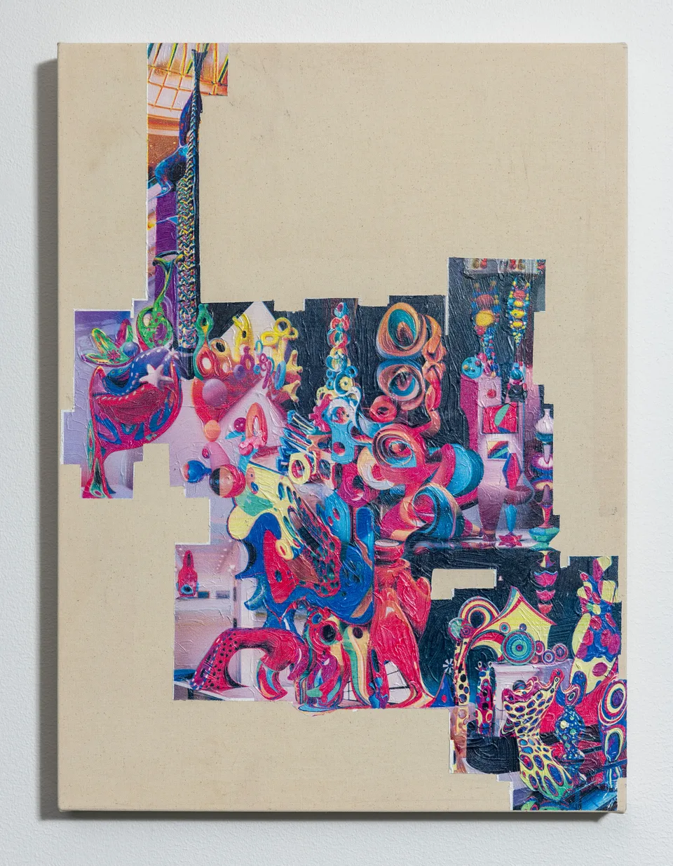 Full view of a cream-colored canvas with a stepped cluster of brightly colored mechanical forms.