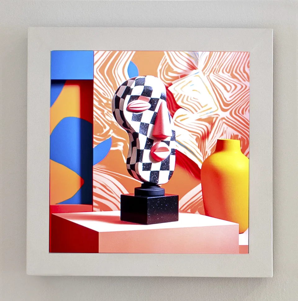 A black-and-white checkered head with red features stands on a pedestal beside an orange vase and bright patterns within a white-framed screen.