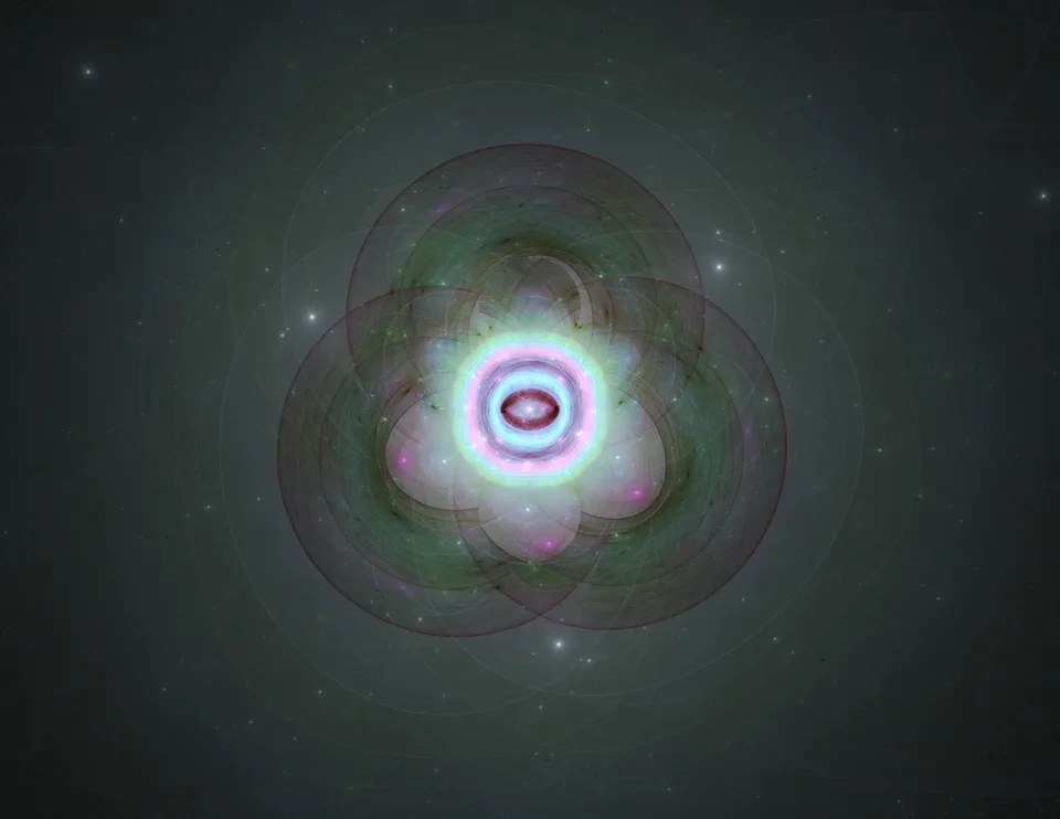 A bright cyan and pink ring glows at the center of translucent green loops on a dark background.