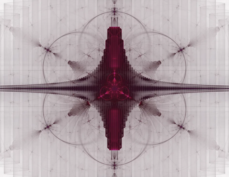 A dark red vertical column intersects fine horizontal lines and symmetrical curved forms on a pale gray field.