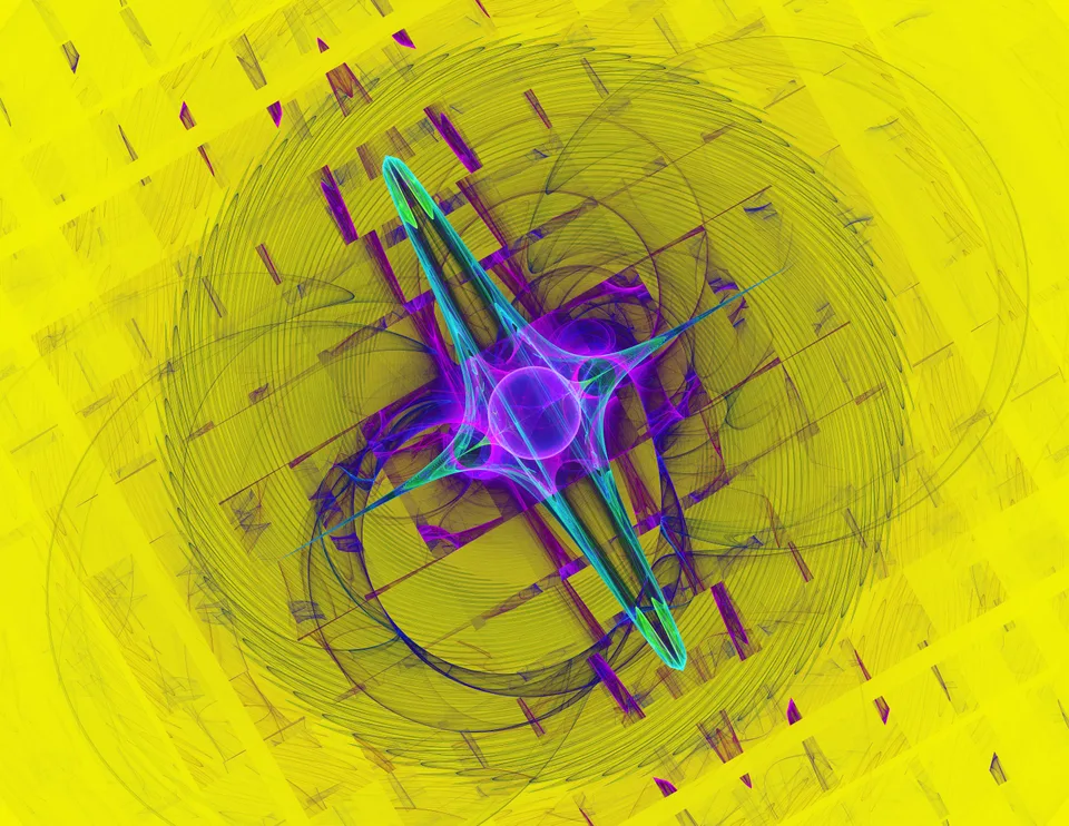 Purple and blue loops intersect thin diagonal turquoise lines against a bright yellow field.