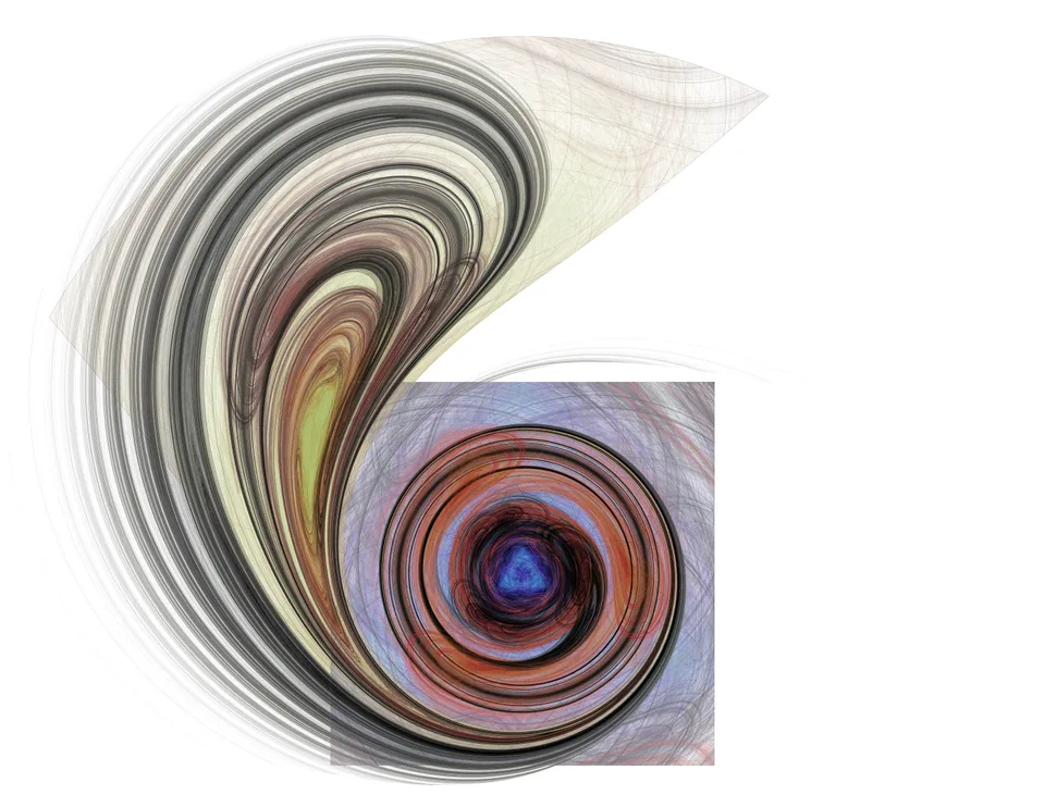 Closely spaced black, cream and reddish curves sweep into a large curling spiral on white.