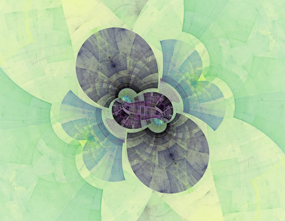 Rounded gray and violet lobes overlap at the center of a pale green field of broad circular shapes.