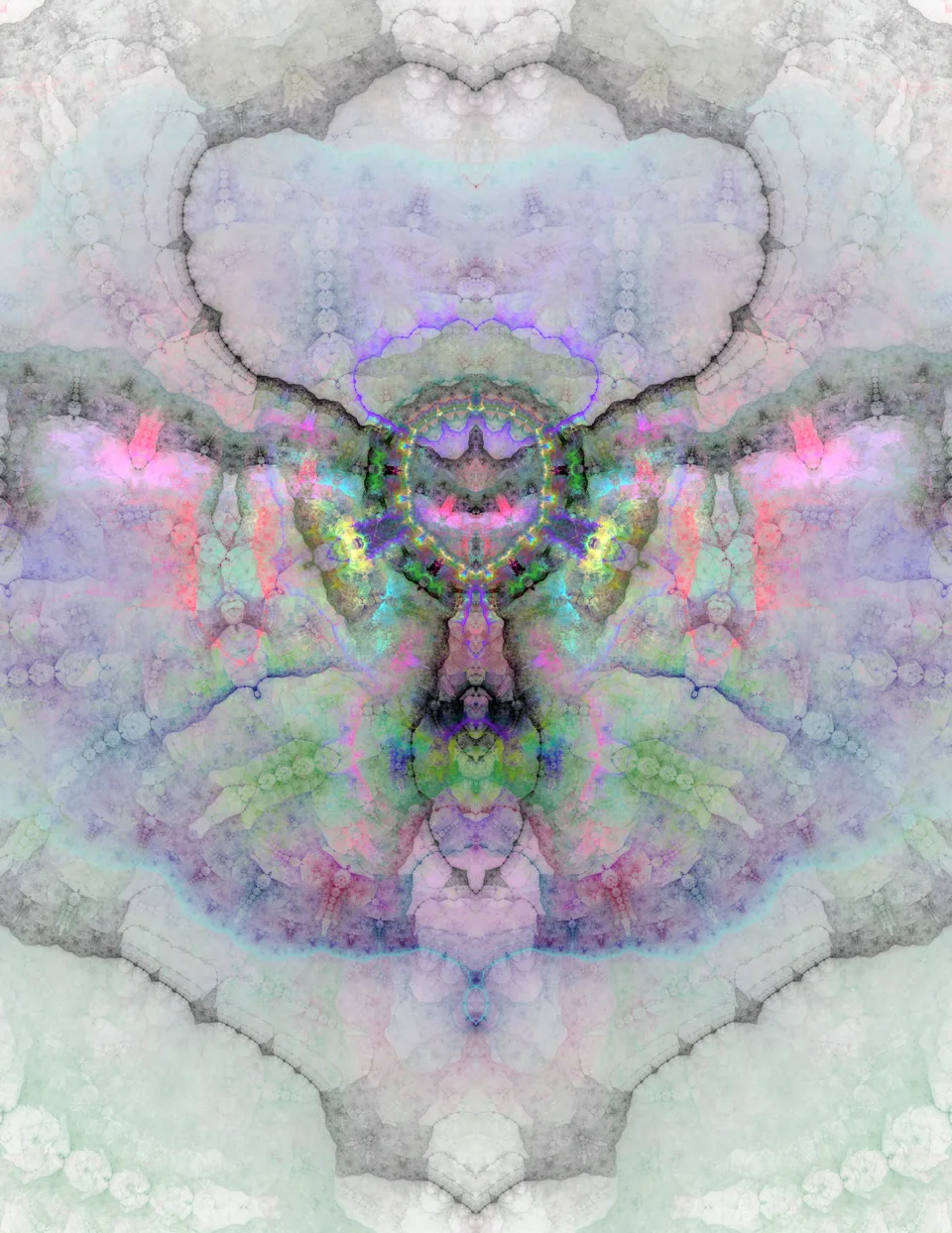 A symmetrical vertical pattern of gray branching lines, pink bands and green details fills a pale portrait-format image.