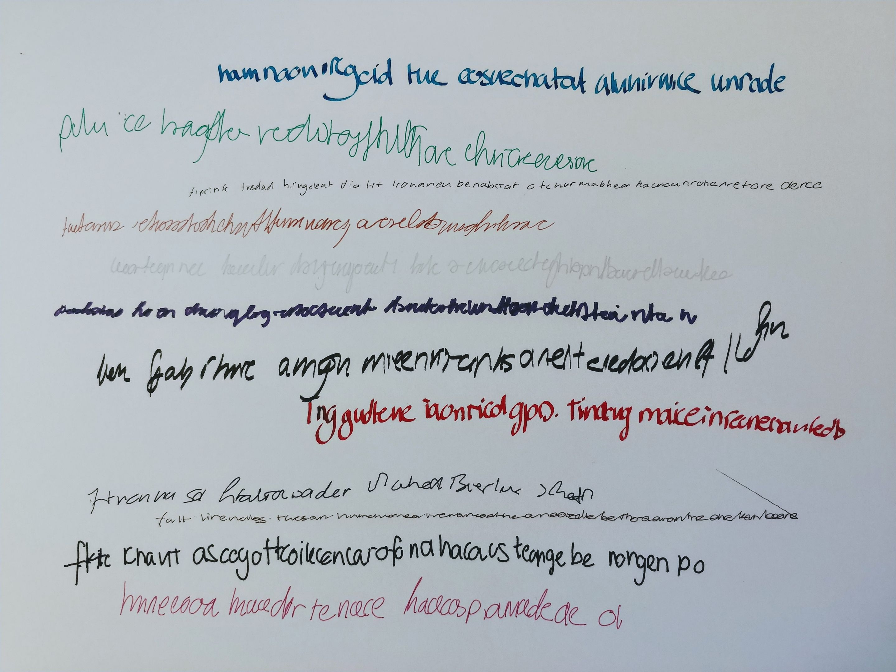 Sheet of paper covered in lines of machine-drawn handwriting in many ink colors, sizes, and styles