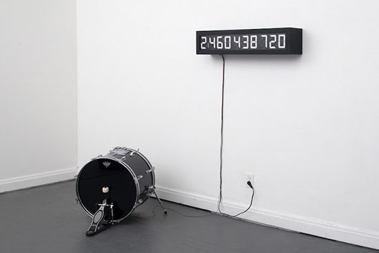 Pulse Machine: a kick drum fitted with a solenoid-driven mallet beside a mechanical flip-digit counter