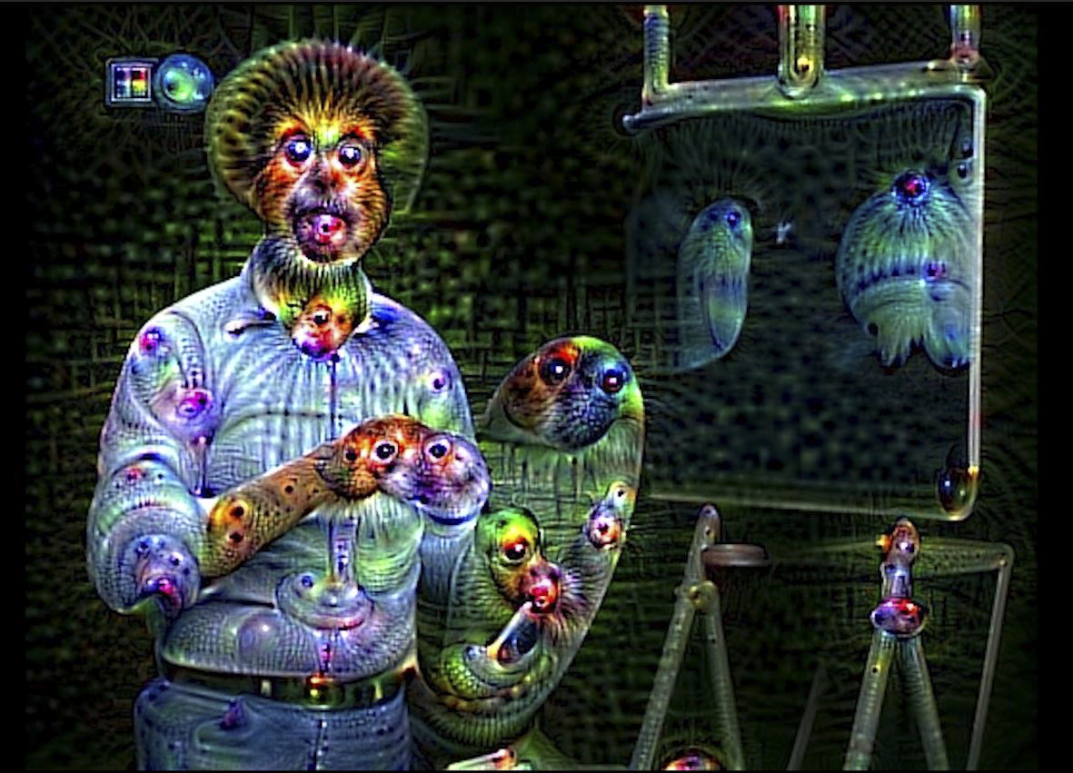 Video still from Deeply Artificial Trees: Bob Ross at his easel, transformed by DeepDream neural-network processing